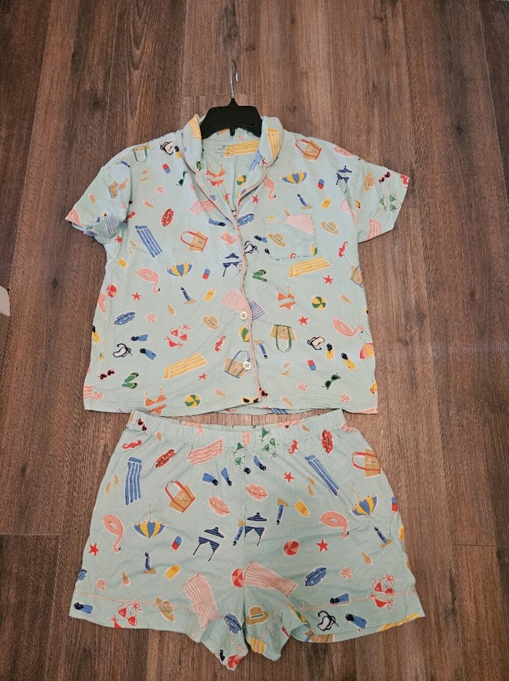 Cuddle DUDS Light Aqua Beach-Print Pajama Set with Pink Trim